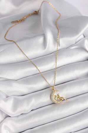 HediyeMarketim  Çelik Gold Renk Zincir Zirkon Taşlı Peri Figür Kadın Kolye