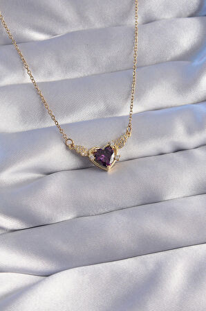 HediyeMarketim  Çelik Zincir Gold Renk Mor Zirkon Taşlı Kanatlı Kalp Kolye