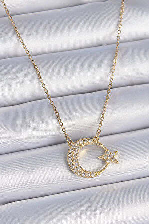 HediyeMarketim  Çilek Zincir Gold Renk Zirkon Taşlı Ay Yıldız Model Kadın Kolye