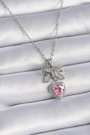 HediyeMarketim  Çelik Gümüş Renk Zincir Zirkon Taşlı Kurdele Pembe Kalp Model Kadın Kolye