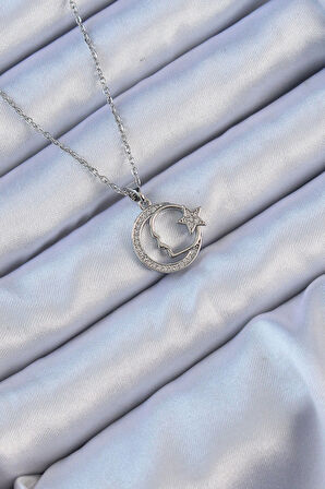 HediyeMarketim  Çelik Zincir Gümüş Renk Zirkon Taşlı Ay Yıldız Simgeli Atatürk Kolye