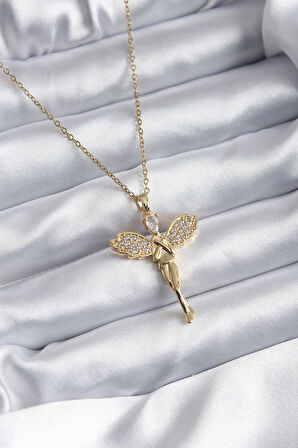 HediyeMarketim  Çelik Gold Renk Zirkon Taşlı Melek Model Kadın Kolye