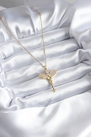 HediyeMarketim  Çelik Gold Renk Zirkon Taşlı Melek Model Kadın Kolye