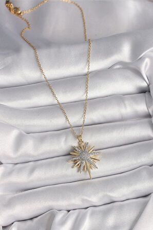 316L Çelik Gold Renk Zincir Zirkon Taşlı Kuzey Yıldızı Model Kadın Kolye