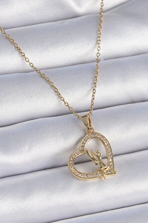 HediyeMarketim  Çelik Zincir Gold Renk Zirkon Taşlı Kalp Model Melek Detay Kadın Kolye