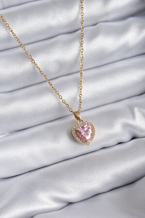 HediyeMarketim  Çelik Zincir Gold Renk Pembe Zirkon Taş Kalp Model Charm Kadın Kolye