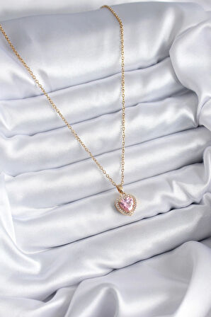 HediyeMarketim  Çelik Zincir Gold Renk Pembe Zirkon Taş Kalp Model Charm Kadın Kolye