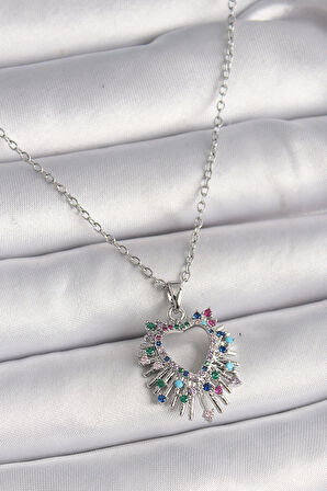 HediyeMarketim  Çelik Gümüş Renk Zincir Renkli Zirkon Taşlı Kalp Model Kadın Kolye