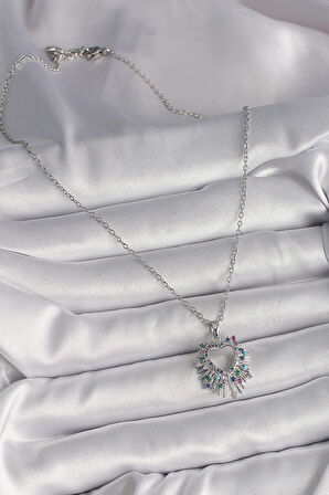 HediyeMarketim  Çelik Gümüş Renk Zincir Renkli Zirkon Taşlı Kalp Model Kadın Kolye