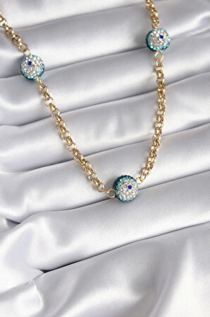 HediyeMarketim  Çelik Gold Renk Taşlı Nazar Boncuklu Kadın Kolye