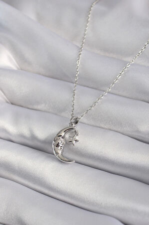 HediyeMarketim  Çelik Gümüş Renk Zirkon Taşlı Ay Yıldız Model Kadın Kolye