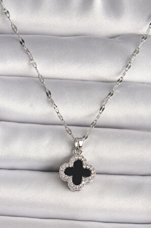 316L Çelik Gümüş Renk Zirkon Taşlı Siyah Yonca Model Kadın Kolye