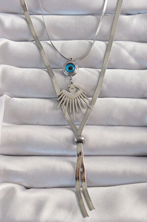 HediyeMarketim  Çelik Gümüş Renk Zirkon Taşlı Göz Detay Nazarlı Uzun Asansör Model Kolye