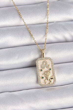 HediyeMarketim  Çelik Gold Renk Zincir Aslan Burcu Zirkon Taşlı Kadın Kolye