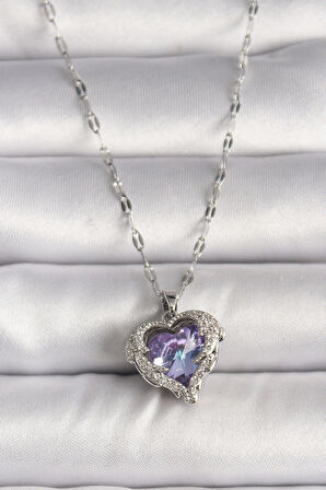 316L Çelik Gümüş Renk Zirkon Taşlı Mor Kalp Model Kadın Kolye