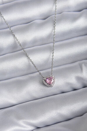 HediyeMarketim  Çelik Zincirli Gümüş Renk Pembe Zirkon Taşlı Charm Kadın Kolye