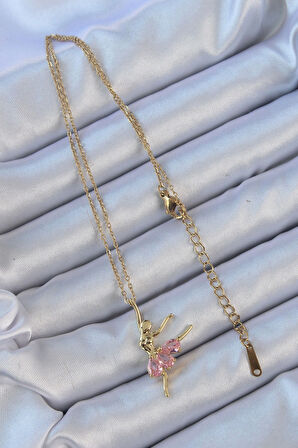 HediyeMarketim  Çelik Zincir Altın Renk Pembe Zirkon Taşlı Balerin Kolye
