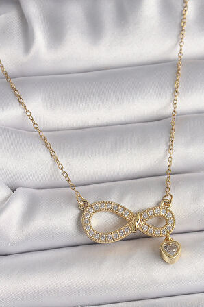 HediyeMarketim  Çelik Gold Renk Zincir Zirkon Taşlı Sonsuzluk Model Sallantı Taşlı Kalp Detay Kadın Kolye