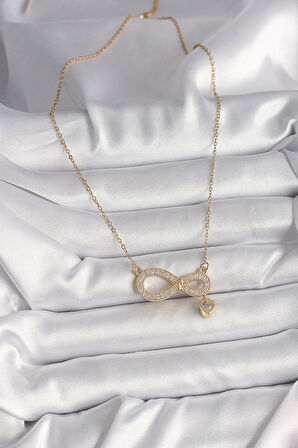 HediyeMarketim  Çelik Gold Renk Zincir Zirkon Taşlı Sonsuzluk Model Sallantı Taşlı Kalp Detay Kadın Kolye