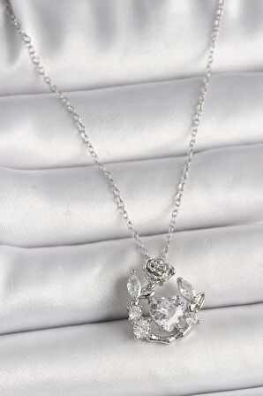 HediyeMarketim  Çelik Gümüş Renk Zincir Zirkon Taşlı Kalp Figür Gül Detay Kadın Kolye