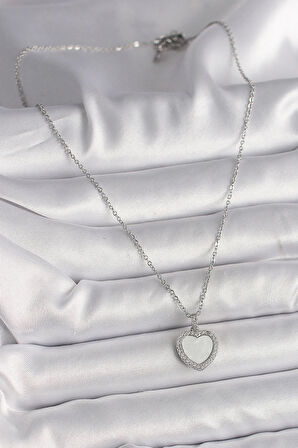 HediyeMarketim  Çelik Gümüş Renk Zincir Zirkon Taşlı Beyaz Mineli Kalp Model Kadın Kolye