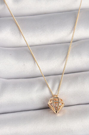 HediyeMarketim Pirinç Gold Renk 3D Zirkon Taşlı Elmas Model Kadın Kolye