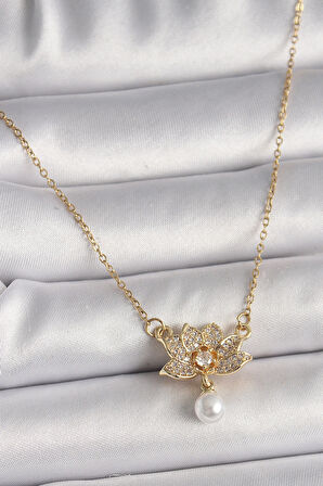 HediyeMarketim  Çelik Gold Renk Zincir Zirkon Taşlı Lotus Çiçeği Figür Sallantı İnci Detay Kadın Kolye