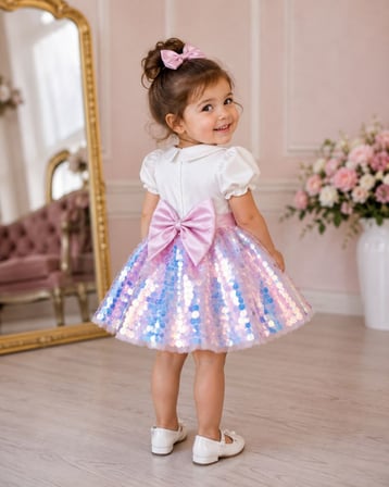 Pembe Saten Kemerli Bebe Yakalı Eteği Sedef Pullu Kız Çocuk Elbisesi – Masalsı Işıltı Ve Sevimli Şıklık