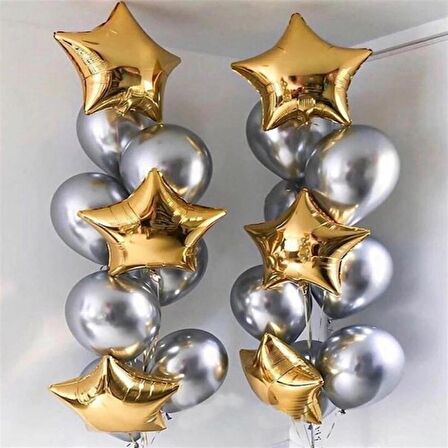 Gümüş Krom Ve Gold Yıldız Folyo Balon Seti