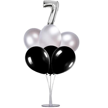7 li Balon Demeti 7 Yaş Gümüş Siyah Balon