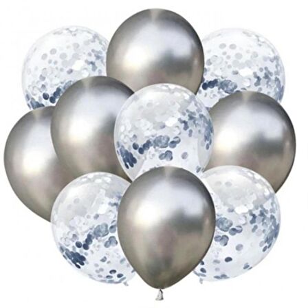 10 lu Gümüş Konfetili Krom Gümüş Balon Seti