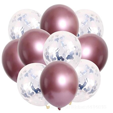 10 lu Gümüş Konfetili Krom Pembe Balon Seti