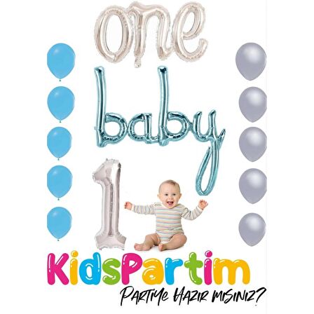 One Baby Gümüş Mavi Balon Seti