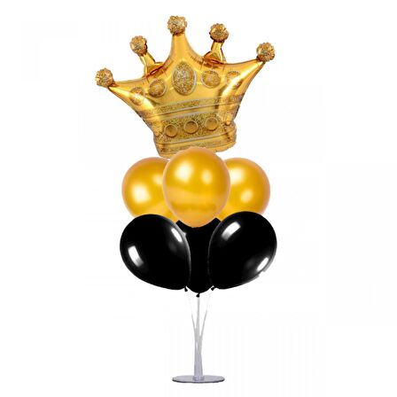 7 li Balon Demeti Kral Taçlı Gold Siyah Balon
