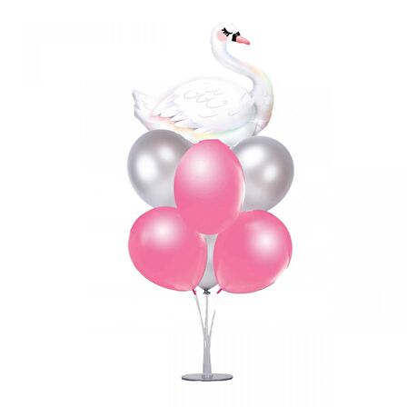7 li Balon Demeti Kuğulu Gümüş Pembe Balon