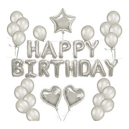 Happy Bırtday Gümüş Balon Seti