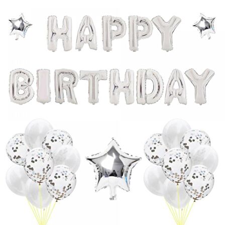 Happy Bırtday Gümüş Konfetili Balon Seti