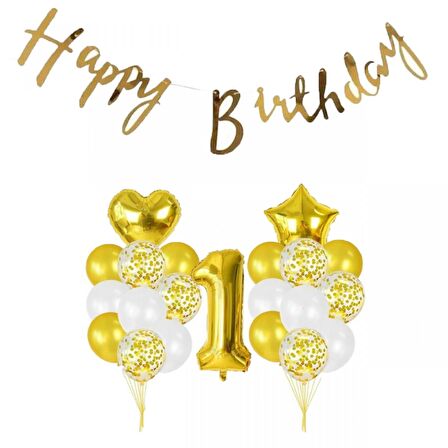 1 Yaş Gold Happy Bırthday Balon Seti