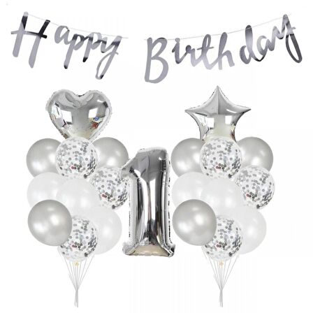 1 Yaş Gümüş Happy Bırthday Balon Seti