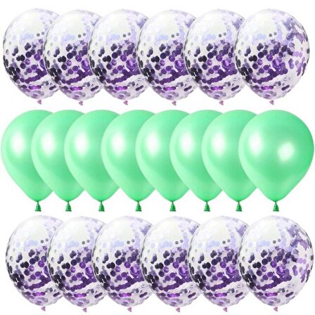 20 li Mor Konfetili Yeşil Balon Seti
