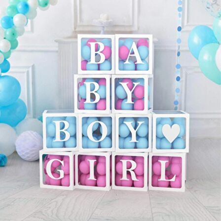 Şeffaf Kutu Baby Gırl Boy Yazılı Harf Beyaz 30 Mavi 30 Pembe Balon Hediyeli