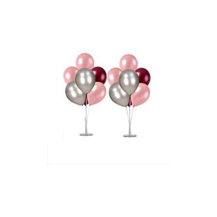 2 Adet  7 li Balon Standı Ve 14 Adet Rose Gold Gümüş Bordo Metalik Balon