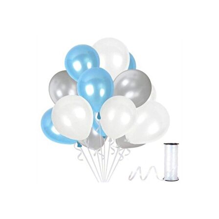 50 Adet Metalik Beyaz Gümüş Mavi Balon 3 Renk