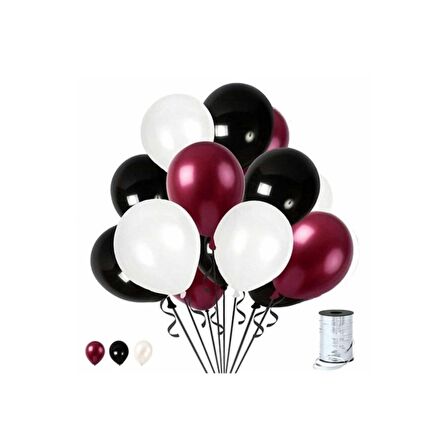 50 Adet Metalik Bordo Beyaz Siyah Balon 3 Renk