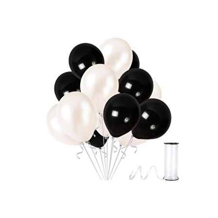 50 Adet Metalik Beyaz Siyah Balon 2 Renk
