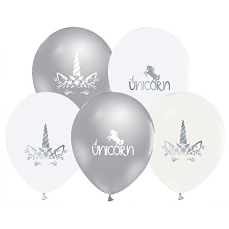 Unicorn Baskılı Gümüş Renkli Lateks Balon