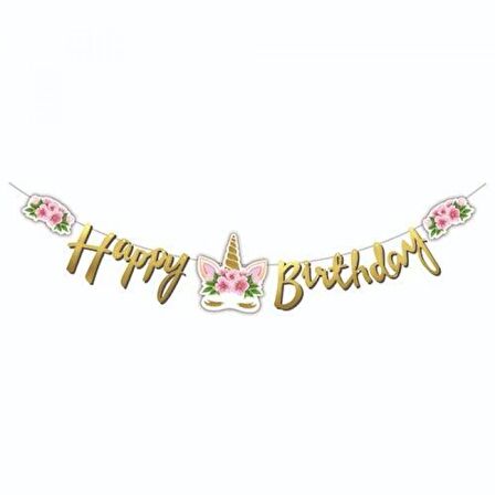Happy Birthday Çiçekli Unicorn Kaligrafi Banner Gold