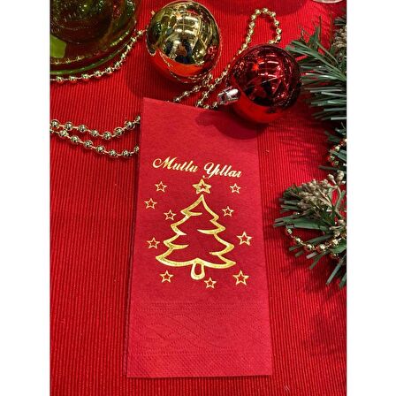 Gold Yaldızlı Kırmızı Mutlu Yıllar Çam Ağacı Peçete