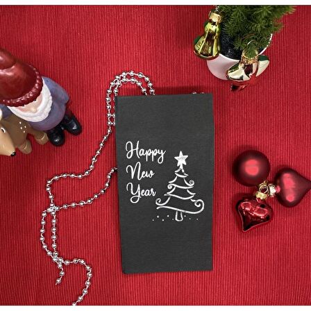 Gümüş Yaldızlı Siyah Happy New Year Çam Ağacı Peçete