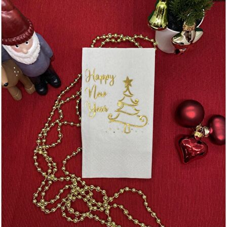 Gold Yaldızlı Beyaz Happy New Year Çam Ağacı Peçete